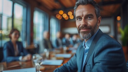 Poster - Confident Businessman in Boardroom Meeting. Confident businessman with a grey beard smiles while attending a boardroom meeting, highlighting leadership and corporate professionalism.
