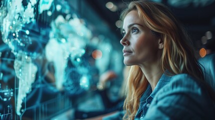Poster - Focused Woman Analyzing Global Data. Woman intensely analyzing global data on a digital screen, representing international business and data-driven decision-making.