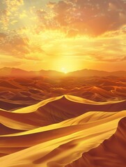 Aufkleber - A breathtaking sunset casts a golden glow over rolling desert dunes, creating a dramatic and awe-inspiring landscape. Generative AI