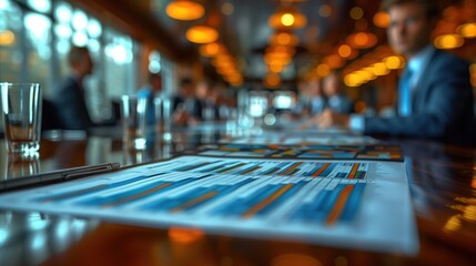 Poster - Conference Room Table with Financial Reports. Close-up of a conference room table filled with financial reports and glasses of water, highlighting corporate meetings and data review.
