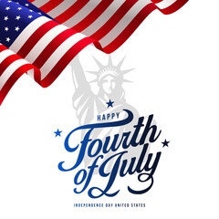 Wall Mural - USA Happy Independence Day 4th of July. Flyer, banner, poster, greeting card. Template with flag and statue of liberty on white background. Modern and Minimal vector illustration.