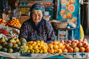 A Central Asian woman selling fresh fruit in a market stall