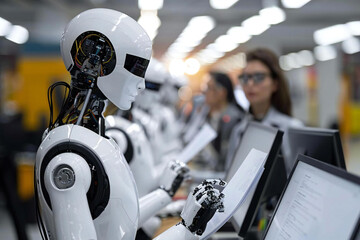 Poster - team of robotic assistants efficiently process digital invoices in a high-tech office setting, as beautiful professionals in glasses oversee the electronic audit.