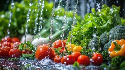 Wall Mural - Close-up of vegetables being rinsed under a stream of water, with droplets cascading down, showcasing their freshness and crisp texture