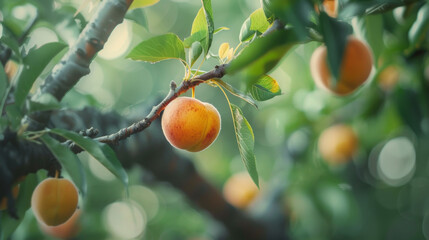 Wall Mural - Peaches growing on a tree branch in an orchard, showcasing fresh, ripe fruit in a natural setting.