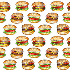 Wall Mural - Watercolor seamless pattern with many various burgers isolated on white background.