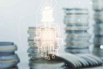 Poster - Virtual creative idea concept with light bulb and microcircuit illustration on stacks of coins background. Neural networks and machine learning concept. Multiexposure