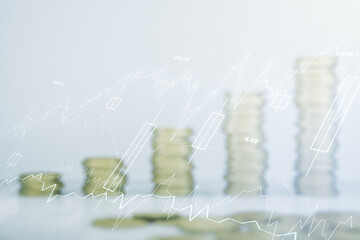 Poster - Multi exposure of virtual creative financial chart hologram on growing stacks of coins background, research and analytics concept