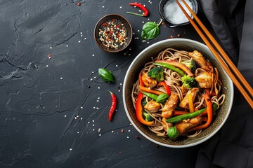 Wall Mural - Bowl with Asian chicken stir fry soba noodles with vegetables on dark black stone background from above, Chinese Thai or Japanese noodles dish with soy sauce