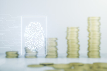 Poster - Abstract virtual fingerprint hologram on stacks of coins background. Multiexposure