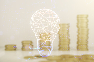 Aufkleber - Double exposure of creative light bulb hologram on growing stacks of coins background, research and development concept