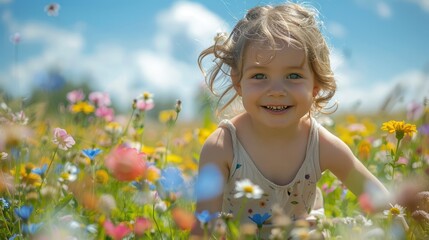 A child joyfully running through a field of wildflowers on a sunny day, with the flowers in full bloom and the child carefree expression capturing the essence of childhood happiness and nature beauty.