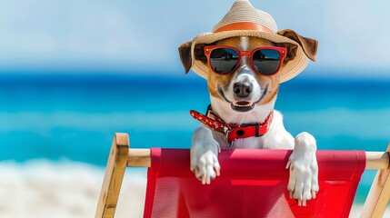 Poster - A dog wearing sunglasses and a straw hat is relaxing in a beach chair.