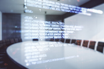 Aufkleber - Multi exposure of abstract creative coding sketch on a modern conference room background, artificial intelligence and neural networks concept