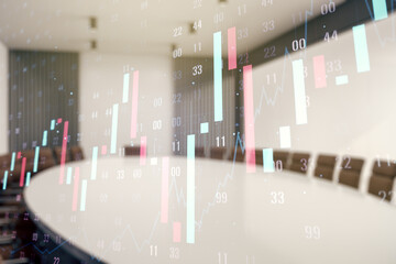 Poster - Multi exposure of virtual abstract financial graph interface on a modern coworking room background, financial and trading concept