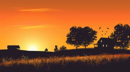 Poster - Silhouettes of a farmhouse and trees stand against a vibrant orange sunset sky, capturing the tranquility and warmth of rural life. Generative AI