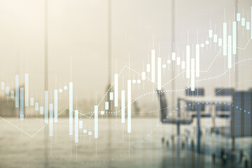 Poster - Multi exposure of virtual creative financial chart hologram on a modern meeting room background, research and analytics concept