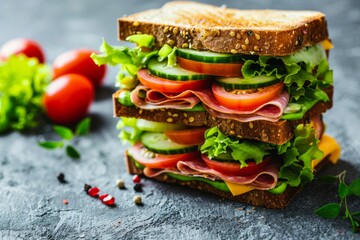 Wall Mural - Close up of tall cut tasty sandwich with cheese, ham, prosciutto, fresh lettuce, tomatoes, cucumbers on gray rustic stone background. Healthy gourmet sandwich for breakfast or lunch, concept