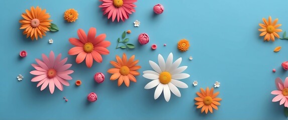 Wall Mural - cute flowers on blue background top view banner with copy space