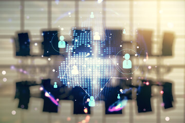 Aufkleber - Virtual social network media hologram and world map on a modern coworking room background. Double exposure