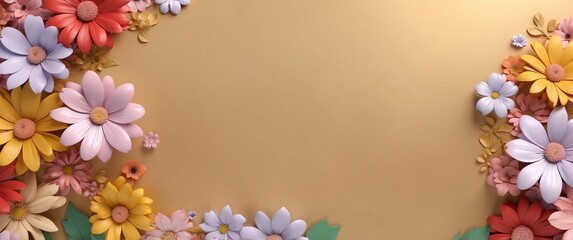 Wall Mural - cute flowers on gold background top view banner with copy space