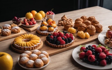 Wall Mural -  a wooden table topped with lots of different types of pastries and fruit on top of it,