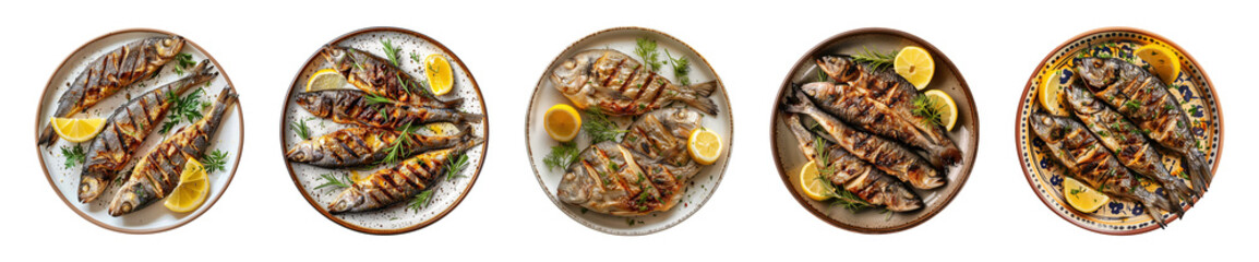 Wall Mural - collection plate of tasty grilled fish isolated on a transparent background, top view, cut out, PNG