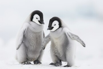 Poster - Emperor penguin chicks appear to be happy as they walk forward looking at each other