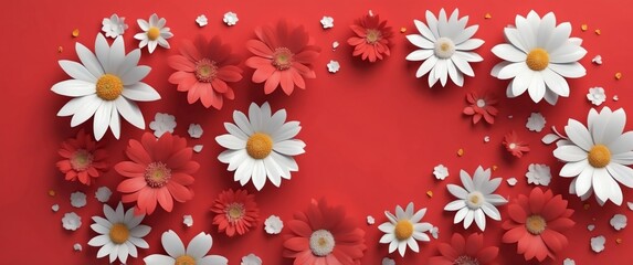Wall Mural - cute flowers on red background top view banner with copy space