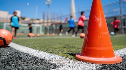 Poster - A row of orange cones lines up on a green grass field with blurry figures of young athletes playing soccer in the background