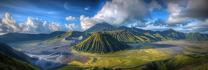 Wall Mural - Volcanic Landscape with Lush Greenery and Dramatic Clouds