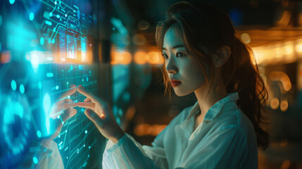 Wall Mural - Young woman engages with a high-tech holographic display, exploring digital data and advanced technology in a futuristic setting.