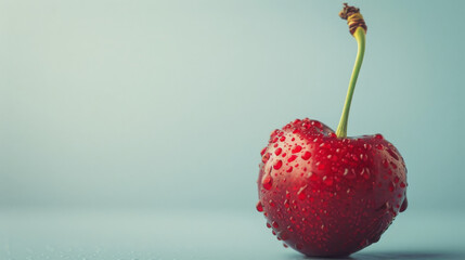 Wall Mural - Close-up of a fresh, red cherry with water droplets, highlighting its juicy texture against a soft blue background.