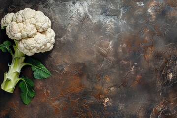 Wall Mural - Fresh whole organic white cauliflower on dark stone vintage background table, ready to be cooked, top view with copy space. Vegetarian food, clean eating concept .