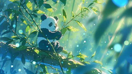 Wall Mural - cute baby panda and a sprig of leafy plant