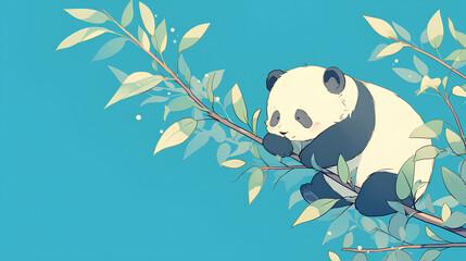 Wall Mural - cute baby panda and a sprig of leafy plants on a simple background
