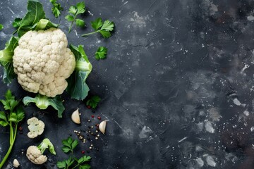 Wall Mural - Fresh whole raw organic white cauliflower on dark stone vintage background table, ready to be cooked, top view. Vegetarian food, clean eating concept .