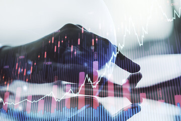 Poster - Multi exposure of abstract creative financial graph with world map and finger presses on a digital tablet on background, forex and investment concept