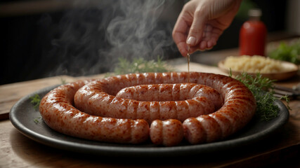 Sticker - close-up shot of a smoked sausage being placed onto a hot grill, with visible smoke and sizzle