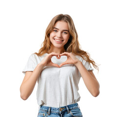 Wall Mural - Smiling young woman making heart gesture with hand, standing isolate on trasparency background PNG