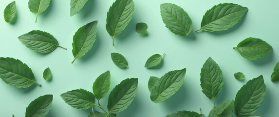 Wall Mural - mint leaves background top view banner with copy space