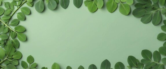 Wall Mural - moringa leaves background top view banner with copy space