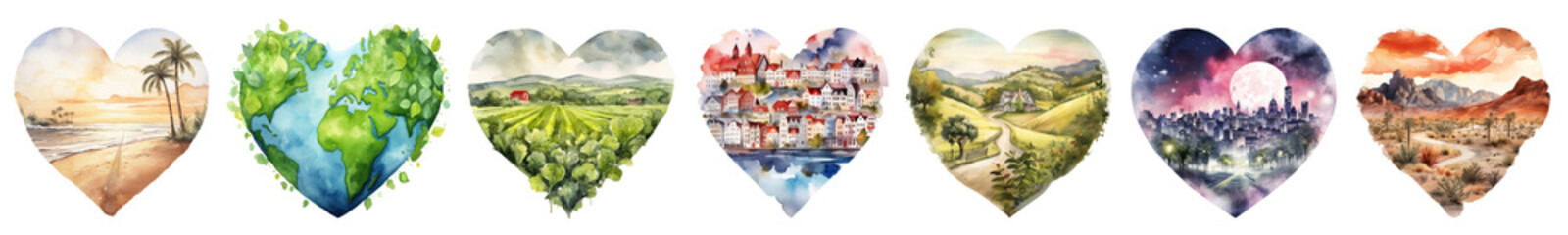 Wall Mural - heart shape landscape watercolor illustration set