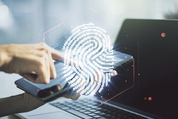 Aufkleber - Double exposure of abstract creative fingerprint hologram with finger clicks on a digital tablet on background, protection of personal information concept