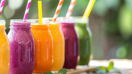 Wall Mural - Four colorful smoothies in glass jars with straws.