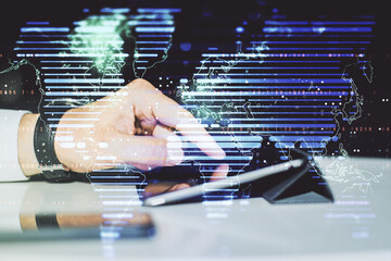 Poster - Double exposure of abstract digital world map and finger clicks on a digital tablet on background, research and strategy concept