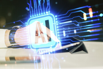 Aufkleber - Double exposure of creative artificial Intelligence icon with finger clicks on a digital tablet on background. Neural networks and machine learning concept