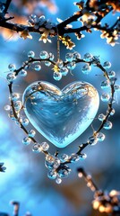 Crystal heart ornament hanging from a branch with raindrops, representing love and nature, serene outdoor photography