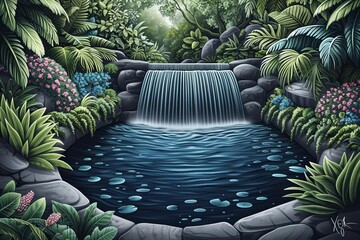 Wall Mural - Tropical waterfall with lush greenery, vibrant colors, serene atmosphere, photo realism