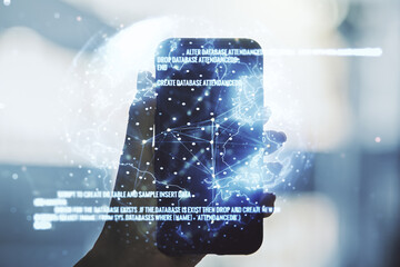 Aufkleber - Double exposure of abstract creative programming illustration with world map and hand with cellphone on background, big data and blockchain concept